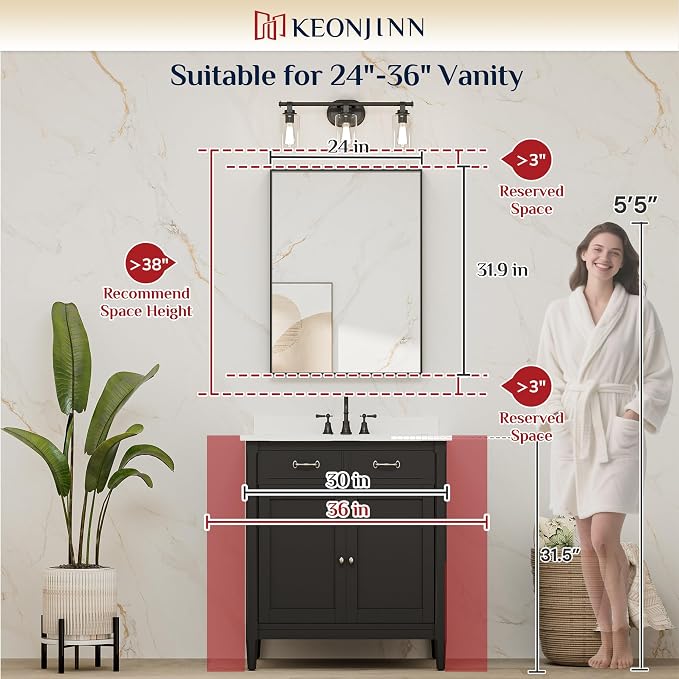 Keonjinn 24 x 32 Inch Black Mirror for Wall, Rectangle Bathroom Vanity Mirrors for Over Sink, Metal Framed Farmhouse Mirror, Square Corner Brushed Rectangular Mirror(Horizontal/Vertical)