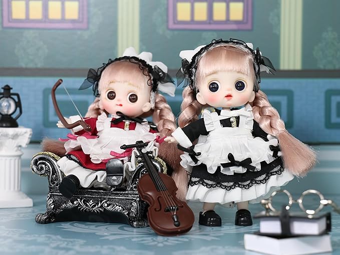 OB11 BJD Dolls, 2Pcs 12 Points Articulated Anime Action Figures with Interchangeable Heads & Removable Lolita Clothes, Cute Collectible Small Doll for Girls, Surprise Birthday Gift