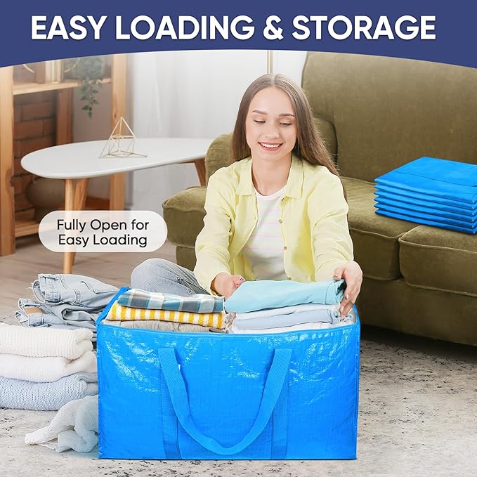 TICONN 8 Pack Extra Large Moving Bags Heavy Duty with Zippers & Carrying Handles, Durable Storage Bags Moving Boxes for Closet Organizers and Storage (8 Pack, Sky Blue)