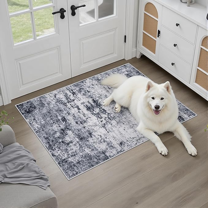 Washable Area Rug 2x3 Entryway Rug: Washable Modern Abstract Soft Thin Rug Indoor Floor No Slip Stain Resistant Carpet for Bedroom Dining Room Farmhouse Nursery Home Office - Grey