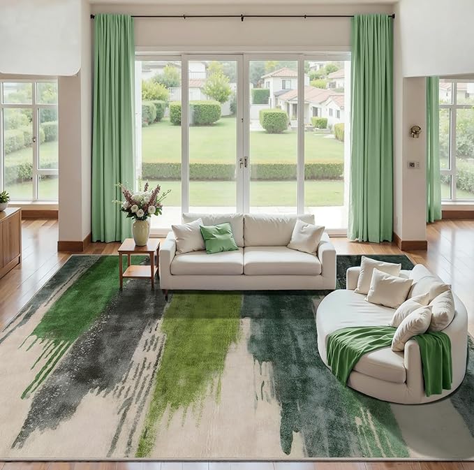 Ciicool Modern Abstract Green Rug for Living Room, 10'x14' Machine Washable Area Rug Non-Slip Rug, Low-Pile Contemporary Indoor Dining Floor Carpet for Bedroom Office Under Table Home Decor