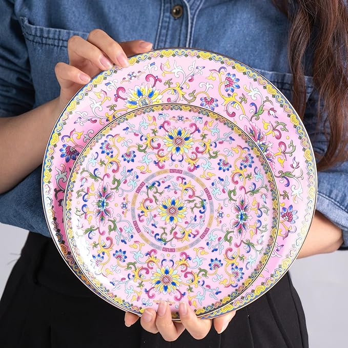 KAMMAK Decorative Plates Set for Display, Pink Ceramic Plate Decor with Stand, Handmade Vintage Porcelain Ornament for Table, Living Room, Kitchen, Office, Perfect Chinese Style Dish Gift (8in+10in)