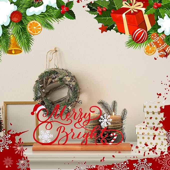Teenyyou Christmas Table Decoration Merry Bright Christmas Metal Word Sign Merry Bright Table Centerpiece Xmas Party Decor Gift with Wooden Base for Holiday Tabletop Desk Decoration