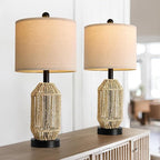 OYEARS 21" Boho Table Lamps Set of 2 for Living Room, Bedside Lamps for Nightstand, Rattan Lamp for Bedroom, Farmhouse Table Lamps for Boho Decor, End Table, Retro, Black