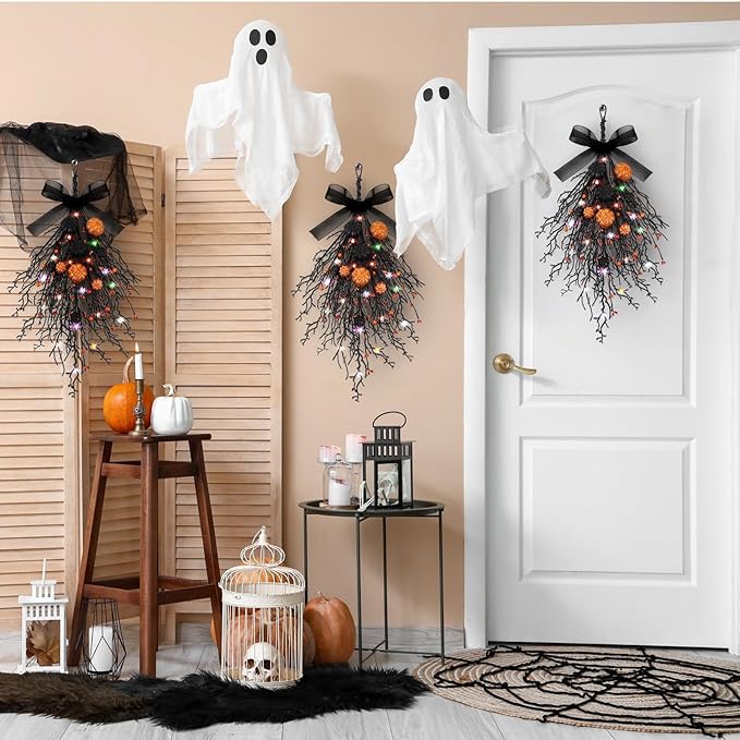 2 PCS Halloween Wreaths Halloween Floral Teardrop Swags Hanging Swag Plants Black Garland with Pumpkin Berries and 9.8ft Lights for Indoor Outdoor Party Wall Home Room Fireplace Porch Window Decor