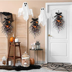 2 PCS Halloween Wreaths Halloween Floral Teardrop Swags Hanging Swag Plants Black Garland with Pumpkin Berries and 9.8ft Lights for Indoor Outdoor Party Wall Home Room Fireplace Porch Window Decor