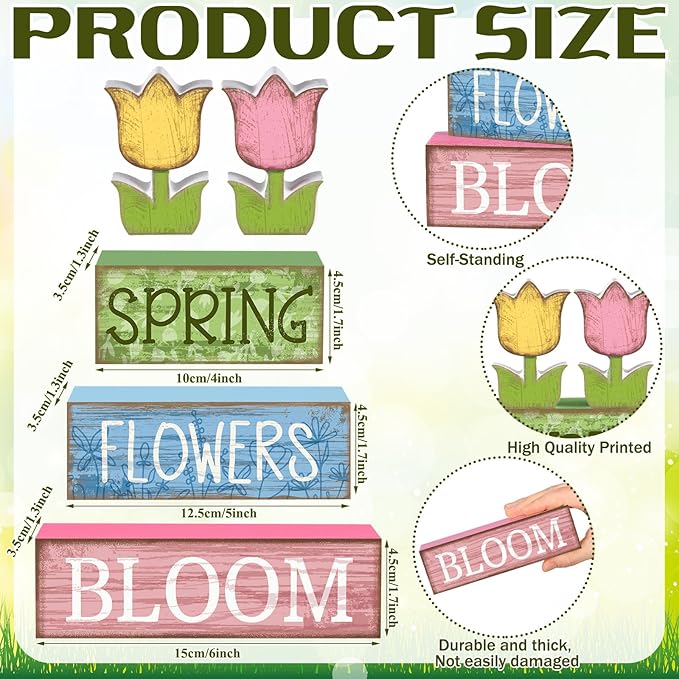 Moucuny 4 Pcs Spring Table Decor Wooden Tulip Spring Tiered Tray Decor Flowers Table Centerpiece Decorative Colorful Tulip Block Signs Gift Farmhouse Flowers Decoration for Home Kitchen Shelf