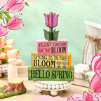Moucuny 4 Pcs Spring Table Decoration Wooden Stacked Block Decor with Tulip Topper Spring Easter Tiered Tray Decor Platel Flower Table Centerpieces for Easter Party, Living Room, Kitchen