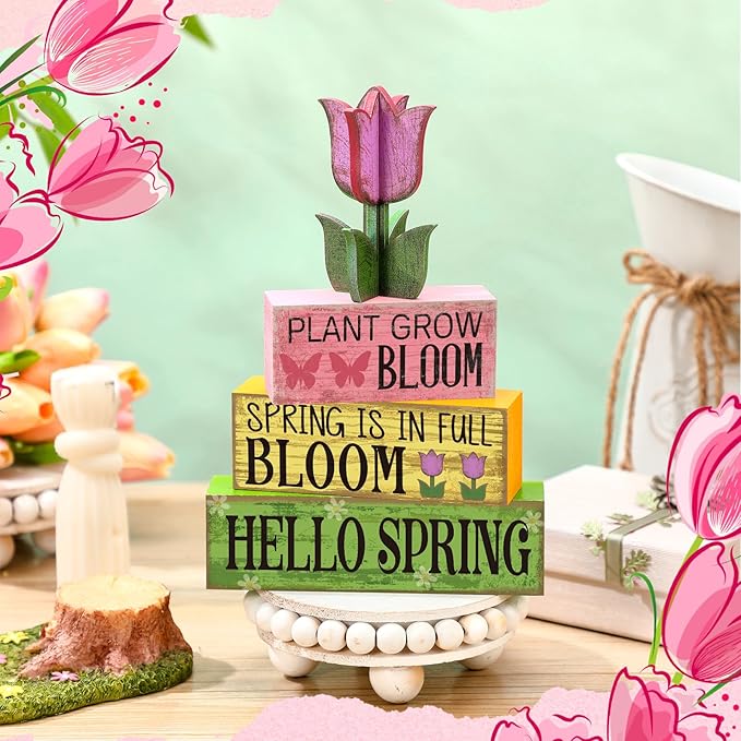 Moucuny 4 Pcs Spring Table Decoration Wooden Stacked Block Decor with Tulip Topper Spring Easter Tiered Tray Decor Platel Flower Table Centerpieces for Easter Party, Living Room, Kitchen
