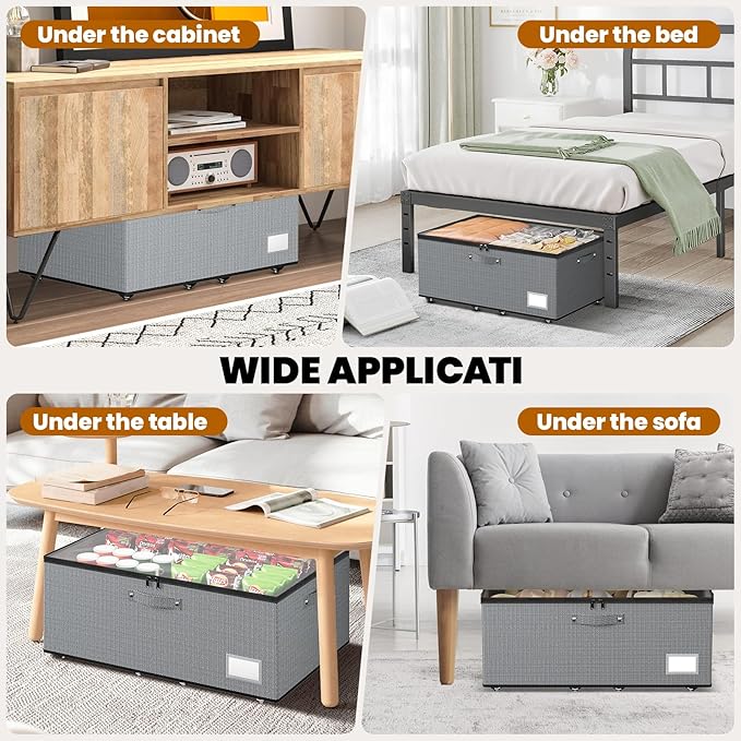 Dayacoco Underbed Storage with Wheels, 2 Pack Under Bed Storage Containers with Clear Lids, No Assembly Required 10.1 inch Rolling Under Bed Storage for Clothes, Grey