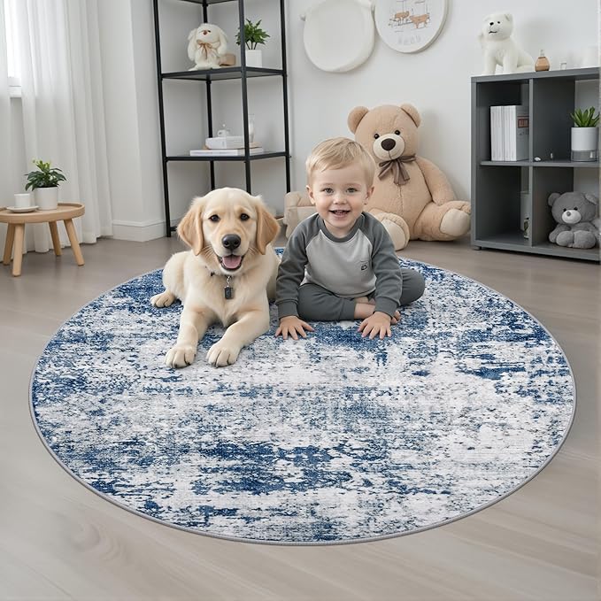 Round Area Rug for Living Room: 5 ft Washable Modern Abstract Soft Thin Rug Indoor Floor No Slip Stain Resistant Carpet for Bedroom Dining Room Farmhouse Nursery Home Office - Blue