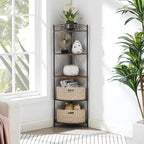 VECELO 5 Tier Corner Shelf with 2 Woven Basket, 55" Tall Standing Organizer, Rustic Brown Storage Rack, Narrow Bookshelf Display Shelves Rack for Wall Corner, Living Room, Kitchen, Bedroom, Office