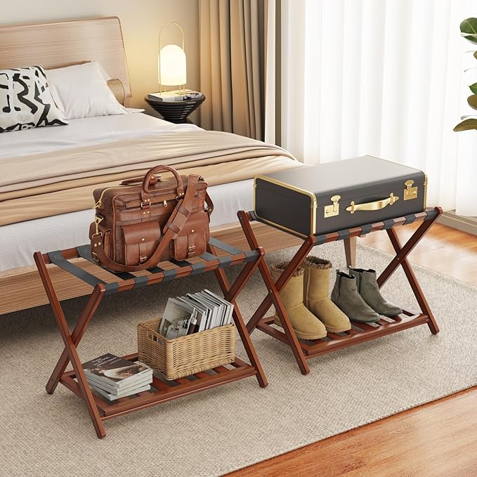 2 Pack Bamboo Luggage Rack for Guest Room, 26.77" Folding Wide Suitcase Stand with Storage Shelf, Thickened Luggage Stand Holder for Bedroom Hotel, Luggage Rack for Suitcases (Brown)