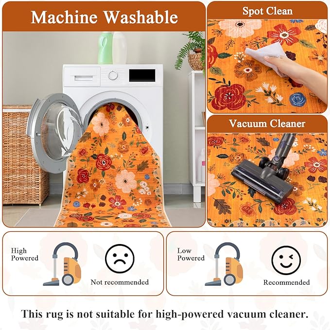 U'Artlines 6x9ft Fall Floral Area Rug, Machine Washable Ultra Soft Low Pile Non Slip Non Shedding Accent Floor Carpet for Living Room, Bedroom, Dining Room, Office (Orange)
