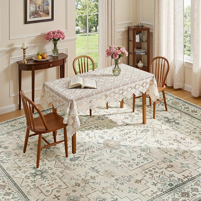 Lessymo Washable Rugs for Living Room, 9x12 Large Area Rug for Bedroom Dining Home Office, Soft Non-Slip Vintage Stain Resistance Oushak Carpet, Boho Neutral Farmhouse Decor, Beige Brown