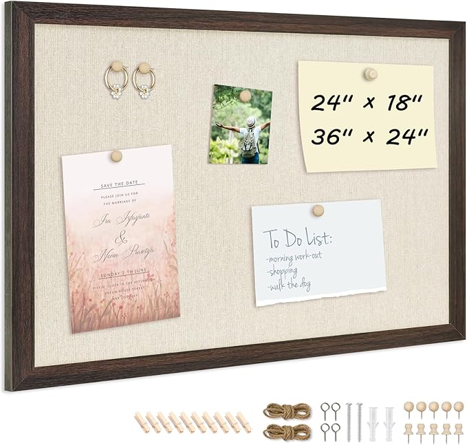 DOLLAR BOSS Bulletin Board with Linen 36'' x 24'' Wood Framed Cork Boards for Walls, Photo Display Pin Board, Decorative Corkboard for Office Home School Dorm Decor with 10 Pushpins, Dark Walnut