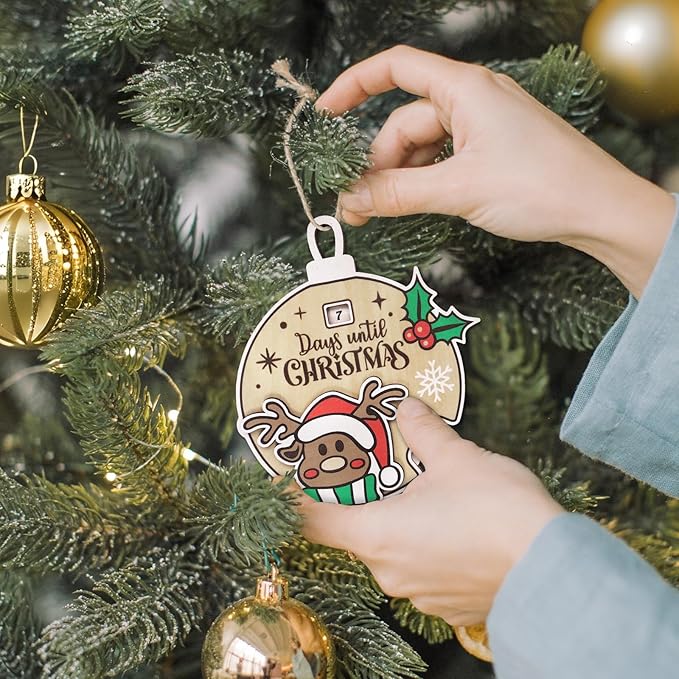 Christmas Elk Snowflake Ornaments for Trees Decorations, Wooden Countdown Hanging Pendant Charms Xmas Reindeer Decorative DIY Craft Hanging Ornaments for Christmas Decorations