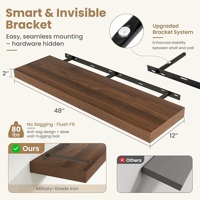 FLYJOE 48 Inch Long Floating Shelves for Wall Set of 1, 12" D Wood Grain Bathroom Shelves with Invisible Brackets, Easy Install Engineered Wood Storage Shelves for Kitchen, Living Room, Bedroom