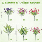 Artificial Flowers for Outdoors Spring Decoration, 12 Bundles Fake Flower Daisy with Realistic Eucalyptus Leaves, Faux Plants for Greenery Boxwood Porch Patio Garden Pot Lawn