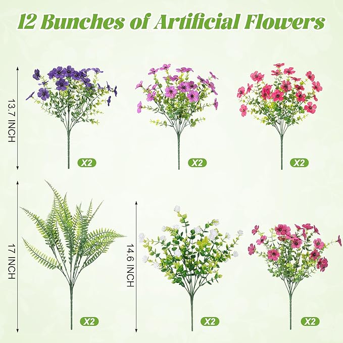 Artificial Flowers for Outdoors Spring Decoration, 12 Bundles Fake Flower Daisy with Realistic Eucalyptus Leaves, Faux Plants for Greenery Boxwood Porch Patio Garden Pot Lawn