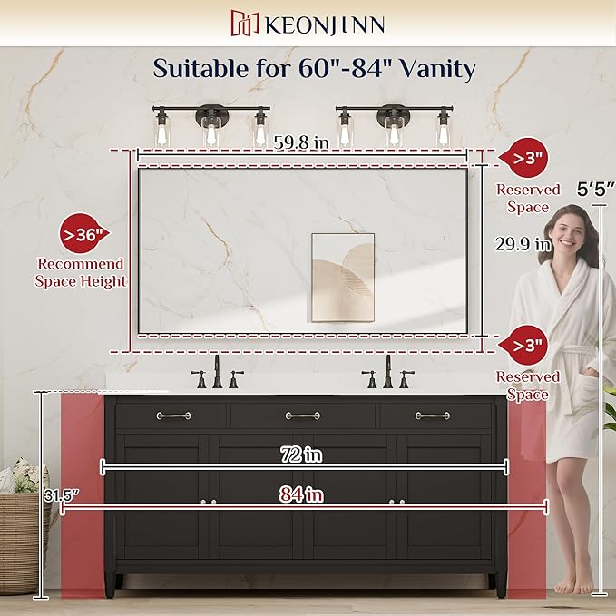 Keonjinn 60 x 30 Inch Black Bathroom Mirror, Large Rectangular Matte Black Wall Mirrors for Bathroom Sink, Metal Framed Farmhouse Mirror, Wall-Mounted Rectangle Vaniy Mirrors(Horizontal/Vertical)