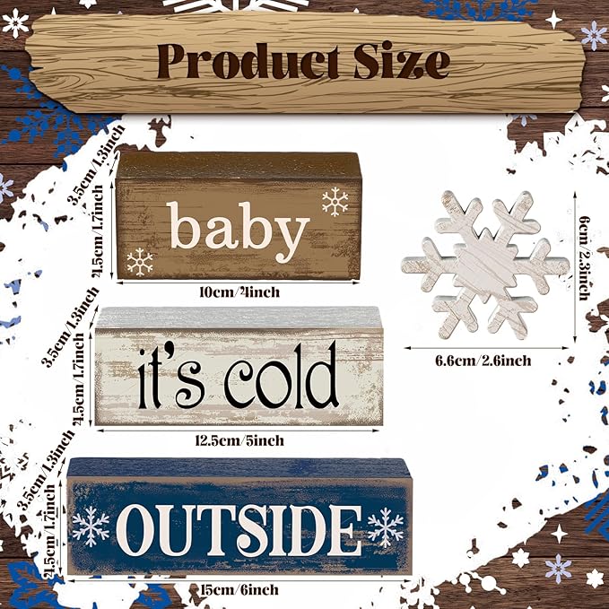 Moucuny 4 Pcs Christmas Table Decoration Winter Wooden Stacked Block, Baby It's Cold Outside Signs with Snowflake Topper, Rustic Christmas Tiered Tray Decor Snowflake Decor for Home Office Shelf