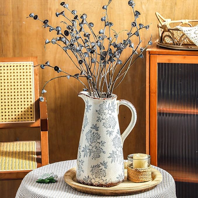 Enra Blue and White vase with Handle,12.2 inch Ceramic Vintage Decorative Flower Pitcher vase, Large Rustic Vases for Home Decors, Living Room, Bookshelf, Office