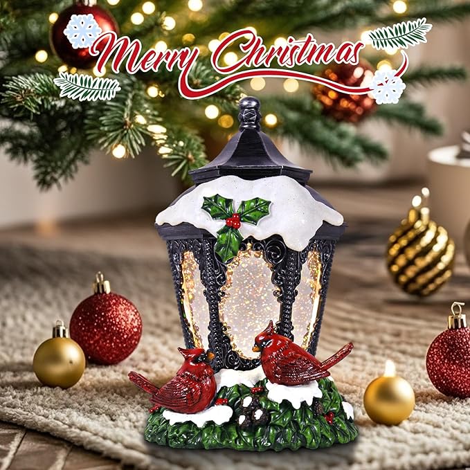 Christmas Snow Globe Lantern Cardinals Water Glittering Globe with 6H Timer Function Christmas Snow Globes 3 AA Battery Operated for Christmas Festival Decorations Gifts (Cardinals)