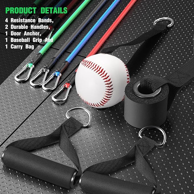 TOBWOLF 4PCS Baseball Exercise Bands with Interchangeable Grips, Baseball Resistance Trainer for Pitching & Throwing, Training Aid for Baseball Softball Pitchers to Build Arm Strength, Warm-Up
