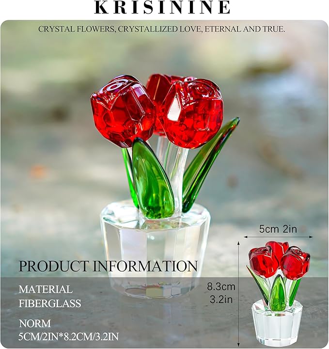 3.2 * 2in Handmade Crystal Red Rose Bouquet Figurine Romantic Rose Flower Gifts for Wife Mom on Birthday Wedding Anniversary