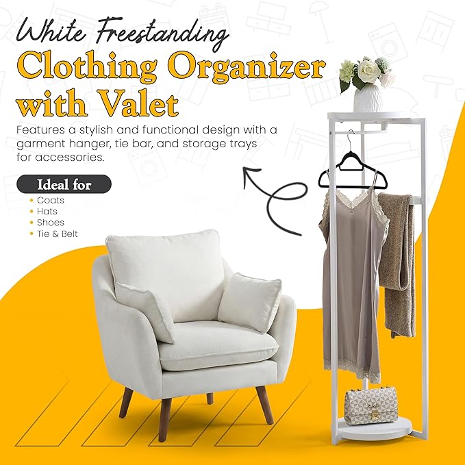Kings Brand Furniture Suit Valet Stand, Coat Rack with Rods & Storage Trays - Tie Jacket Hanger, Freestanding Clothing Organizer Perfect for Bedrooms & Entryways, White