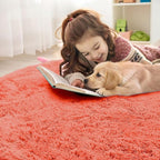 OLANLY Coral Red Round Rugs for Bedroom - Machine Washable, 6 ft Circle Area Rugs for Living Room, Soft and Fluffy Shaggy Carpet for Teen Girl and Boys, Nursery Rooms, Dorms, Home Decor Aesthetic