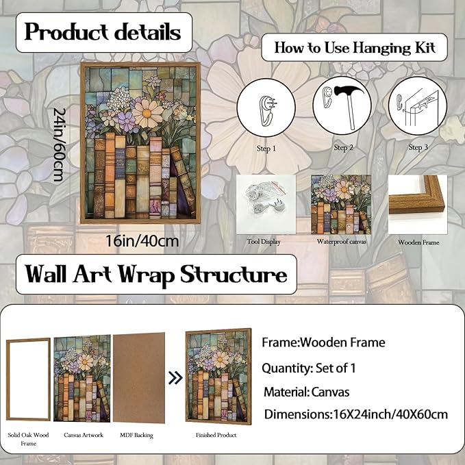 YYNISPIN Vintage Book Wildflower Wall Art Moody Stained Glass Book Lover Wall Decor Painting, Whimsical Reading Nook Library Poster Canvas Prints for Cottage Bedroom Living Room 16x24 inch Frame