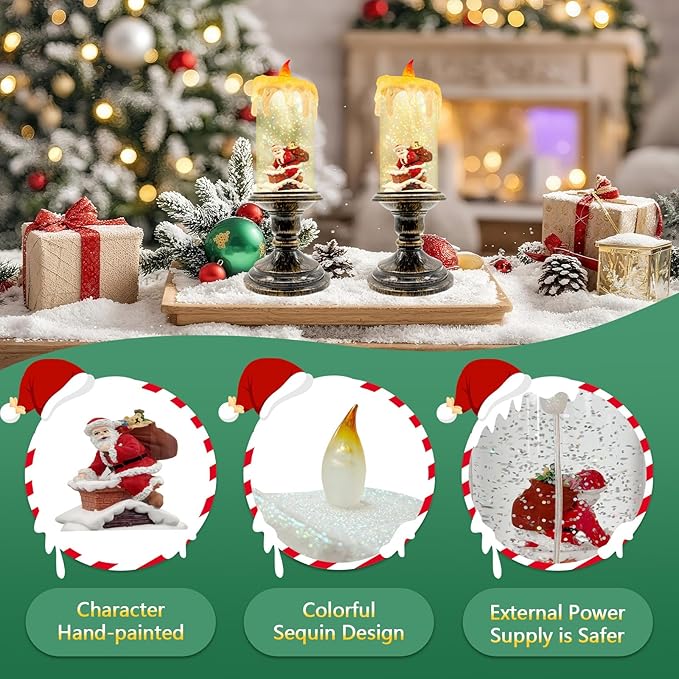Christmas Snow Globe Candle, Battery Powered with Timer, Christmas Flameless Candles Lantern with Santa Claus for Home Decoration Festival Gift, Snow Globe Candle Light for Christmas Decorations