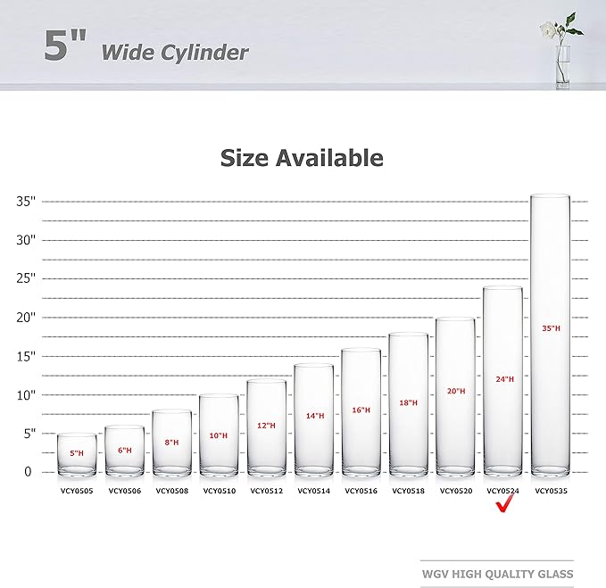 WGV Cylinder Vase Bulk, Diameter 5", Height 24", Clear Glass Floral Planter Container, Tall Centerpiece Arrangement for Wedding Party Event Home Office Decor, 6 Pieces