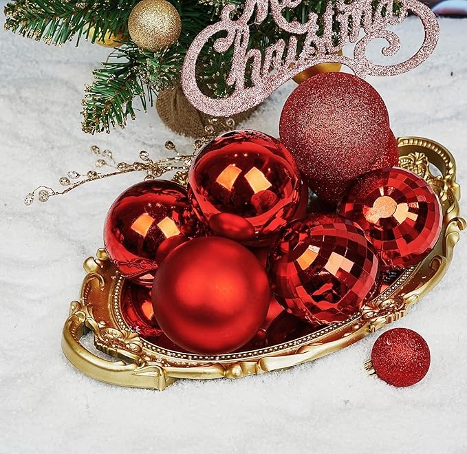 Emopeak 12Pcs Christmas Balls Ornaments for Xmas Christmas Tree - 4 Style Shatterproof Christmas Tree Decorations Hanging Ball for Holiday Wedding Party Decoration (Red, 3.2"/8CM)