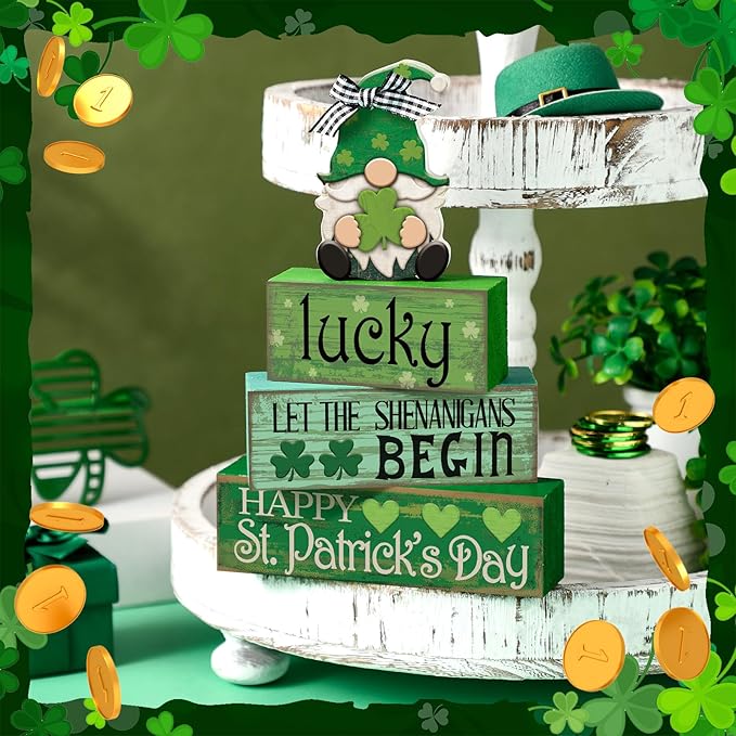 Moucuny 4 Pcs St. Patrick's Day Table Decoration Irish Tiered Tray Decor Wooden Gnome Shamrocks Block Signs Happy St. Patrick's Day Centerpiece for Tables Irish Wooden Sign for Home Decor