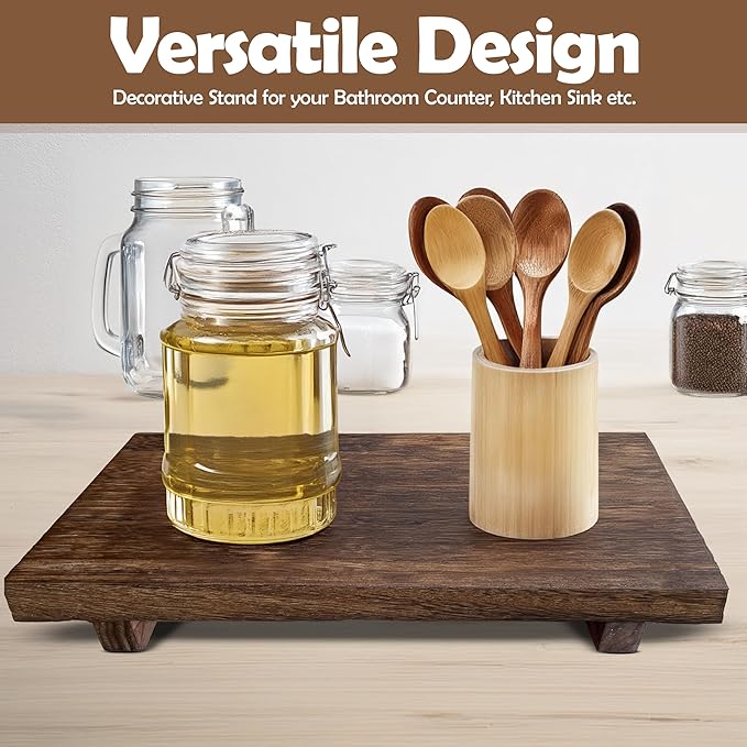 Rustic Pedestal Stand - Handmade Small Wood Tray - Soap Tray for Kitchen Sink, Bathroom (Brown, 12 x 7 x 1.5 Inch)