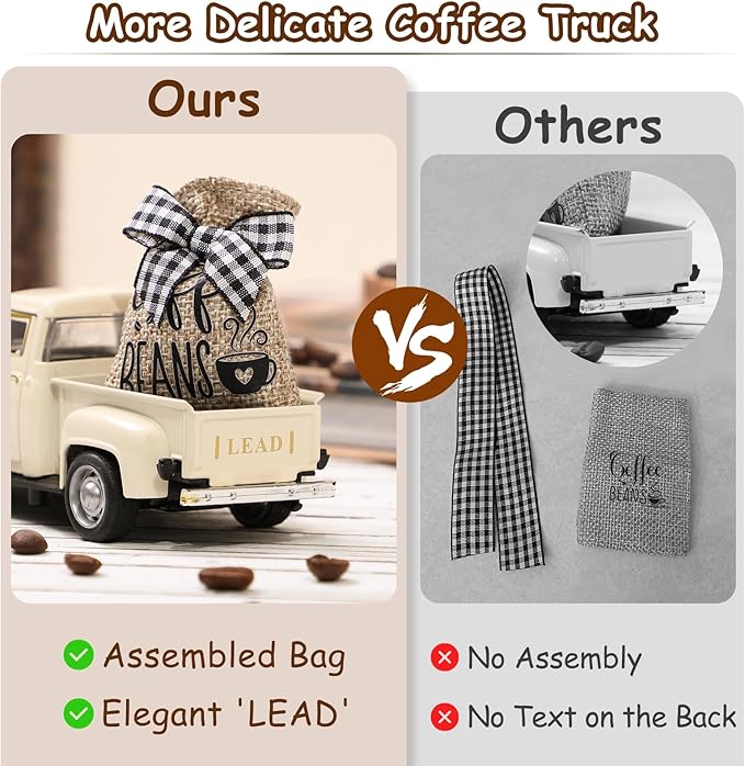 Huray Rayho Coffee Decor for Coffee Bar Metal Truck with Coffee Beans Burlap Sack Vintage Pickup Farmhouse Coffee Station Tabletop Tiered Tray Decor Mini Diecast Truck Decorations