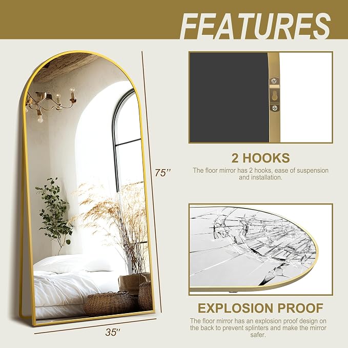 Delma Full Length Mirror, Large Floor Mirror for Wall, Bedroom, Bathroom, Living Room with Aluminium Frame (Stand, Arch 75x35-Gold)