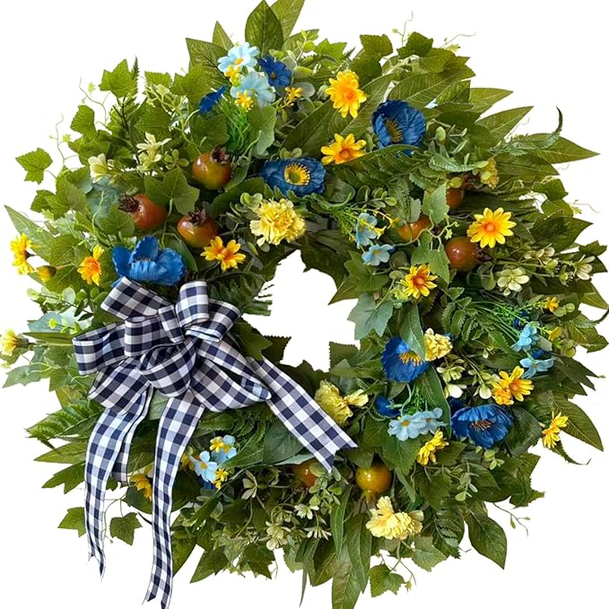 WANNA-CUL 24 Inch Year Round Spring Summer Wreaths for Front Door, Blue Yellow Floral Door Wreath with Pomegranates Daisy - All Season Decorative Wedding Wall Wreath Indoor Outdoor Farmhouse Decor