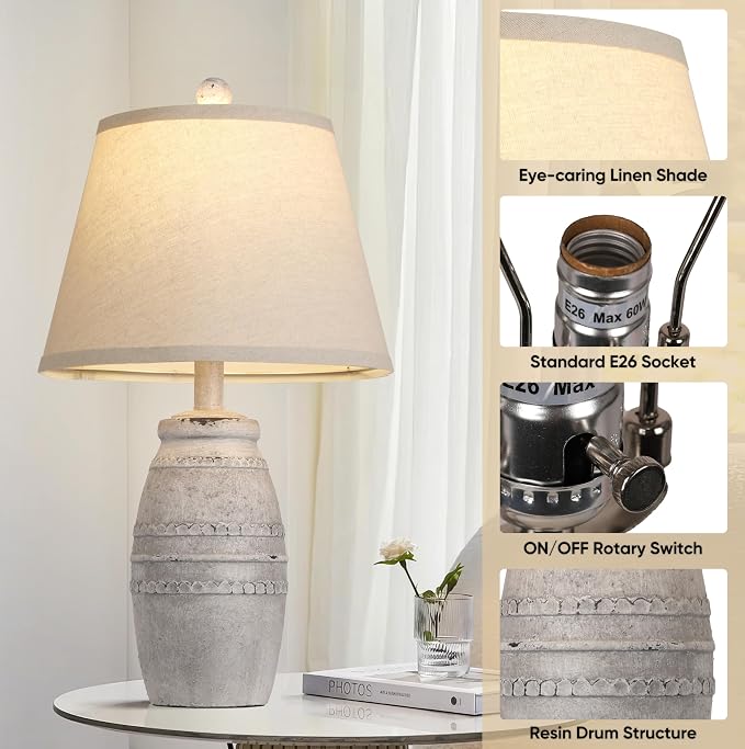 QiMH Farmhouse Table Lamps Set of 2, Bedside Lamps for Living Room, Modern Table Lamp for Bedroom, 21.5" Vintage Rustic Nightstand Lamp with Linen Shade, Retro Side Table Lamp for Office, Antique Grey