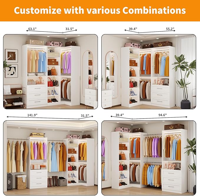 Closet System with 3 Drawers, Corner Closet Organizer Systems with 7 Shelves & 5 Hanging Rods L-Shaped Walk in Closet Freestanding Corner Tower Modular Storage System 2 Sets 1400+ Lbs Capacity White