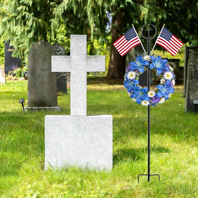 succulentlovers 2PCS Cemetery Wreath Stands, 38" Christmas Metal Wreath Holder Stand with Cross 3 Pronged Decor, Gravestone Wreath Hanger Headstone Flower Holder for Xmas Memorial Day Graveside Decor