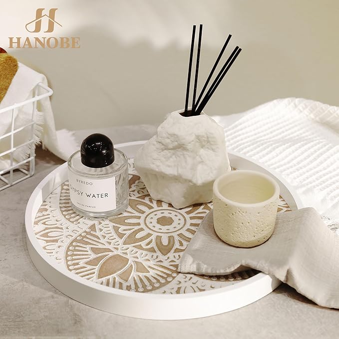 Hanobe Decorative Serving Tray Round: Farmhouse Coffee Table Decor Boho White Mandala Trays for Living Room Kitchen Bathroom Display