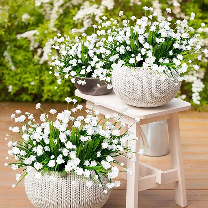12 Bundles Artificial Flowers for Outdoors Spring Decor, Realistic UV Resistant Fake Plants Faux Plastic Flowers for Outside Planter Home Gardens Patio Porch Yards Cemetery Summer Decor(White)