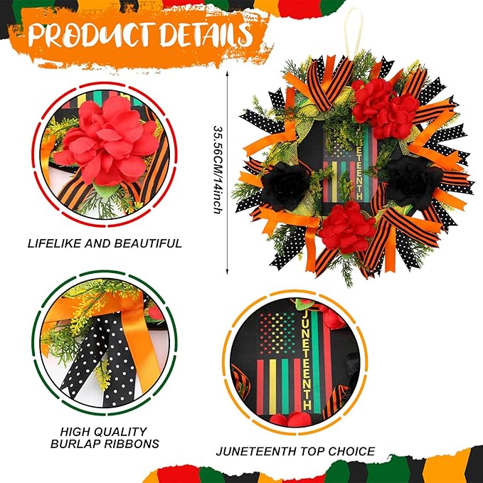 Hoteam Juneteenth Wreath for Front Door African American Door Wreaths June 19th 1865 Freedom Juneteenth Decorations for Festival Indoor Outdoor Home Porch Decoration