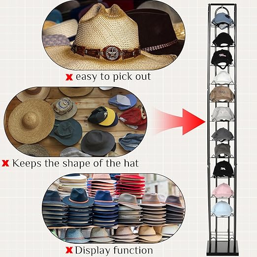 Tandefio 78" Black Floor Standing Hat Rack Tower 12 Tier Hat Display Rack Cap Organizer Metal Hats Stand Hats Wigs Holder for Cap Retail Display Storage Vertically