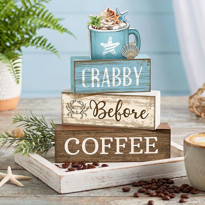 Lineshading 4 Pcs Summer Table Decorations Wooden Beach Coffee Decor Summer Tiered Tray Decor Farmhouse Crabby Before Coffee Crab Block Signs Gifts for Beach Nautical Party Home Office Decorations