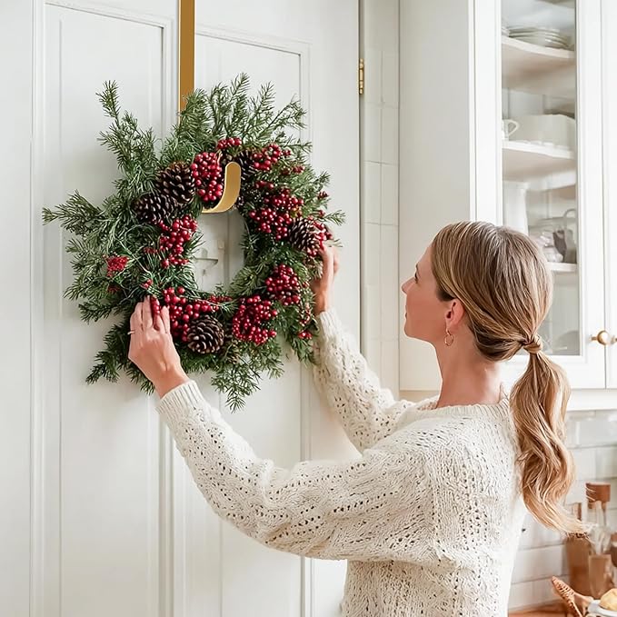 MCFULL 12 in Wreath Hangers for Front Door,Sturdy Metal Wreath Doors Hangers,Over The Door Hooks for Front Porch Decor,Gold Garland Hooks Holders for Halloween Christmas Decorations,2 Packs
